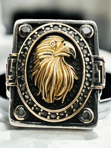 Golden American Falcon Eagle 925 sterling Silver Ring Men's Biker Punk Ring - Picture 1 of 8