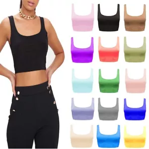 WOMENS LADIES PLAIN SLEEVELESS STRAPPY SCOOP NECK BRA SUMMER CROP TOP VEST - Picture 1 of 15