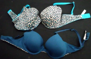 2 VICTORIA SECRETS LEOPARD PRINT BLUE BRA DEMI BUSTE 36C 34C F - Picture 1 of 4