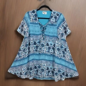 Show Me Your MuMu Wing Tunic Dress Size S Blue Rancho Vista Lace Up Floral - Picture 1 of 13
