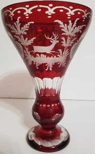 Egermann Ruby Cut To Clear Vase 8 1/2" Tall Deer & Church - Picture 1 of 11