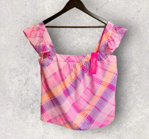 NWT Lilly Pulitzer Top Womens XL Reyna Cotton Pink Isle Madras Plaid Ruffled - Picture 1 of 11