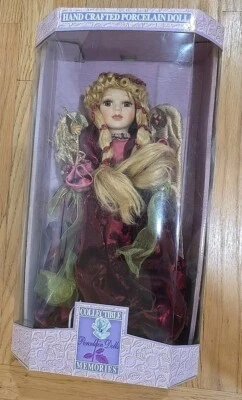 Memories Porcelain 17" Collectible Doll Angela Red Satin Dress Gold Angel Wings - Image 1 of 4