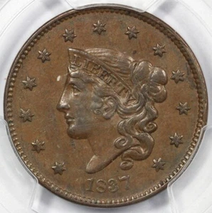 1837 1c Medium Letters Matron Head Large Cent PCGS AU 53 - Picture 1 of 5