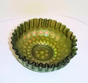 Vintage Fenton Green Carnival Glass, Crimped Coin Dot irridescent Ruffled Bowl - Picture 1 of 6