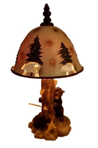 ZERKOS RUSTIC BLACK BEAR IN A HONEY TREE TABLELAMP/PINE TREE & BEAR CARVED SHADE - Picture 1 of 9