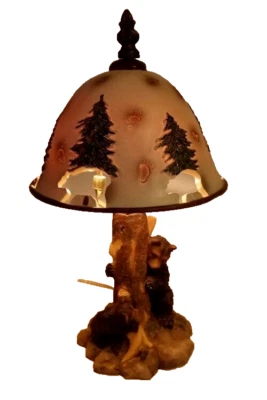 ZERKOS RUSTIC BLACK BEAR IN A HONEY TREE TABLELAMP/PINE TREE & BEAR CARVED SHADE - Image 1 of 4