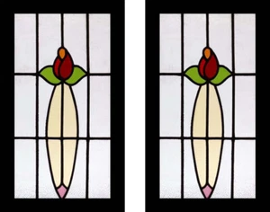 Beautiful English Edwardian Spring Tulips Pair Antique Stained Glass Windows - Picture 1 of 1