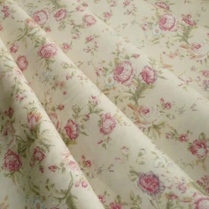 Vintage Floral Cotton Poplin Printed Fabric - Cream with Pink Flowers Green Leaf - Picture 1 of 5