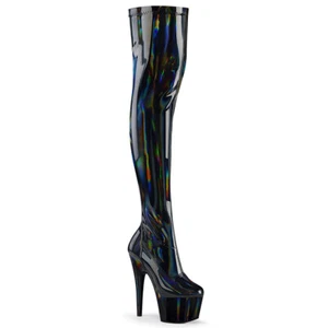 PLEASER ADORE-3000HWR Women's 7" Heel Black Hologram Platform Thigh High Boots - Picture 1 of 6