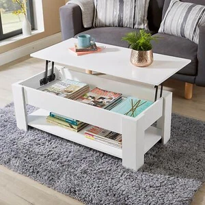 White Wooden Coffee Table With Lift Up Top Storage Area and Magazine Shelf - Picture 1 of 12