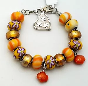 New Sterling Silver 925 Murano Glass Mixed Color Heart Charm Beads Bracelet 7.5 - Picture 1 of 12