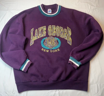 Vintage 90s Lake George NY Spellout Purple Crewneck Sweatshirt Jerzees Sz Large - Image 1 of 4