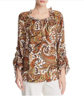 Kobi Halperin Women's Small Silk Peasant Top Brown Paisley Ruffle Ruched Boho - Image 1 of 4