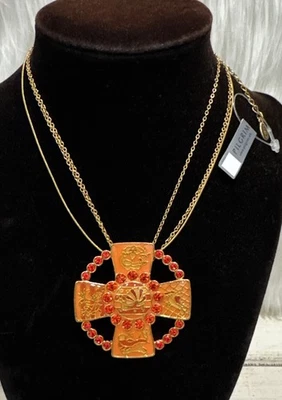 PILGRIM Danish Design Cross Pendant 3 Chain Necklace Orange Choker Adjustable - Image 1 of 4