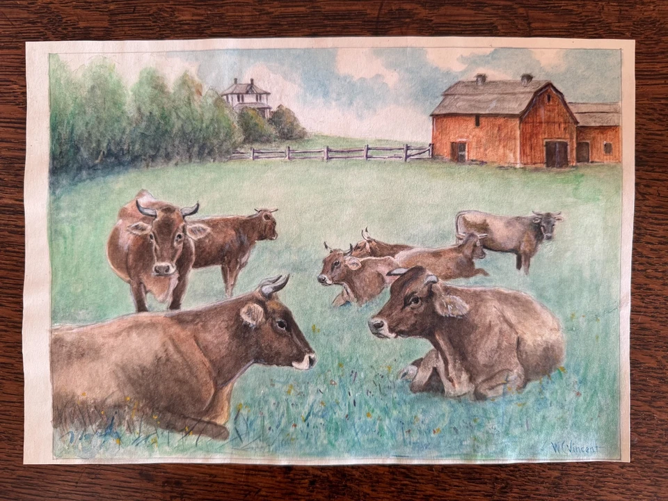 Vintage 1920s Watercolor Painting Cows Pasture Farm Signed WC Vincent  7x10 - Image 1 of 4