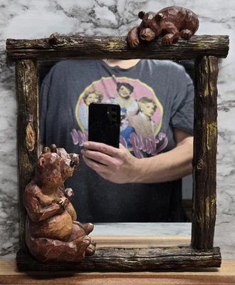 Rustic Bear Mirror Carved Wood Look Mother & Baby Bear Cabin Resin Mirror Needs - Image 1 of 4