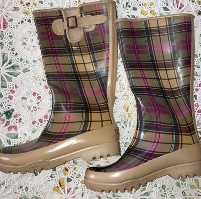 Sperry  Top-Sider Waterproof Preppy Plaid Rain Boots  Size 6 Brown Tan Pink - Image 1 of 4