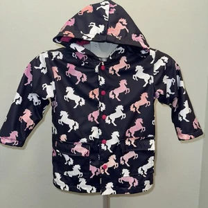 Hatley Blue Pink White Playful Horses Raincoat - Little Girl Sz 4  - Picture 1 of 9