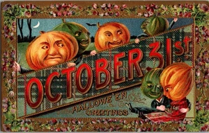 Antike Halloween Postkarte Kürbis Menschen 31. Oktober geprägt JO5 - Bild 1 von 2