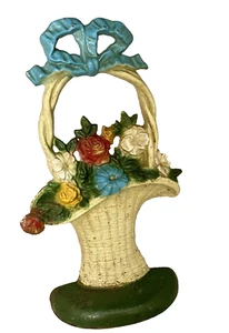John Wright Cast Iron Doorstop Flower Basket 10" USA white red blue yellow green - Bild 1 von 12