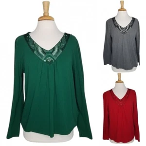 Lot Of 3 Women’s X-Large St. John’s Bay Pullover Tops Long Sleeve Beaded V-Neck - Picture 1 of 7
