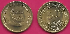 PERU 50 CENTIMOS 1988 UNC GRAN ALMIRANTE MIGUEL GRAU,VALUE WITHIN CIRCLE,HEAD 1/ - Picture 1 of 1