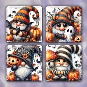 Halloween Gnome Orange Black Hats - Set of 4 Glass Tile Magnets 1.18" SQ - Picture 1 of 3