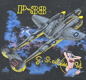 Vintage P-38 Lightning Airplane “G I Miss U” Mens Sz XL Black Single Stitch Read - Picture 1 of 16