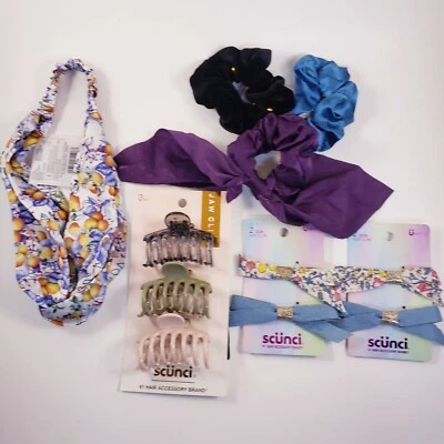 11 Piece Scunci Lot: Clips Scrunchies Jaw Clips: Velvet Black Purple Blue Floral - Image 1 of 4