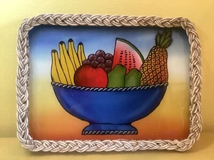 Antique Reverse Painted Glass & Wicker Serving Or Hanging Tray Beautiful! - Picture 1 of 22