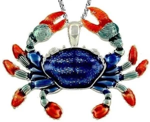 Large Beautiful Blue Crab Pendant Necklace on 24" Stainless Steel Chain - Picture 1 of 1