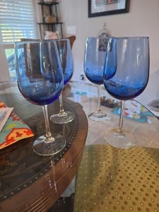 SET OF 4 BLUE CRYSTAL WINE GLASS CLEAR STEMS FLAT FOOT 9 1/4” Tall - Picture 1 of 5