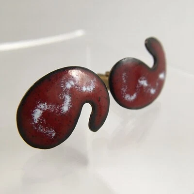 Copper Red White Enamel Cufflinks Apostrophe Signed Modernist Abstract VTG G1 - Image 1 of 4