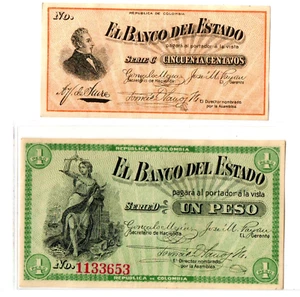 RARE CH CU 1900 COLOMBIA NOTES! 50c (UNLISTED on EBAY) + 1 PESO (AU $180 on EBAY - Picture 1 of 2