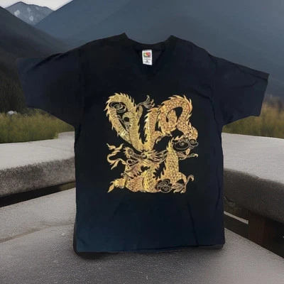VINTAGE BLACK GOLDEN DRAGON LOFTEEZ GRAPHIC T-SHIRT SIZE L MADE IN USA - Image 1 of 4