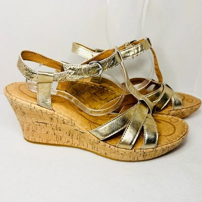 Born Gold Metallic Leather Cork Wedge Sandals Women's T Strap Buckle size 11 - Image 1 of 4
