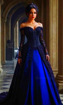 Vestidos de novia vintage azul real y negro encaje manga larga corsé vestido gótico Foto 1 de 4