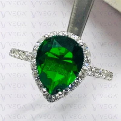 5.80ct Pear Cut Natural Emerald Diamond Halo Ring Teardrop 18K White Gold Plated - Image 1 of 4