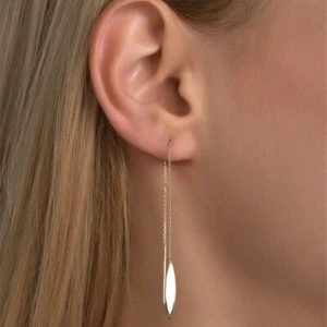 Marquise Leaf Threader Dangle Earrings 14K Solid Gold Women Cable Chain Earrings - Picture 1 of 8