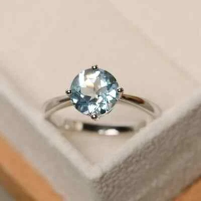 Обручальное или свадебное кольцо из чистого белого золота 14 карат с натуральным аквамарином 2,05 карата - Изображение 1 из 4