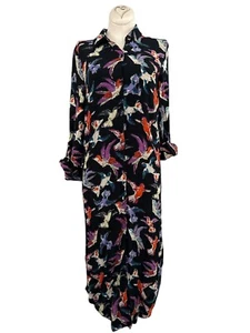 Maeve by Anthropologie Bird Print Long Shirt Dress Women’s Size 4 Black Viscose - Picture 1 of 7