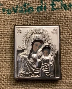 QUADRO ICONA SACRA SU LASTRA ARGENTO 925 Madonna Con Bambino - Foto 1 di 7
