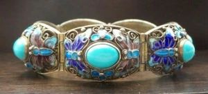 Antique Chinese Export Sterling Silver, Gemstone & Enamel Butterfly Bracelet - Picture 1 of 11