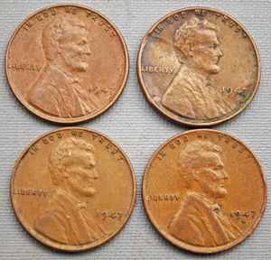 Vier 1947-P 1947-S Lincoln Weizen Penny Cent Münzen - nicht gereinigt - FEHLER - Bild 1 von 2