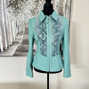 Che Bella Womens Snake Print Sequined Blue Faux Leather Jacket - Size 40 - Picture 1 of 9