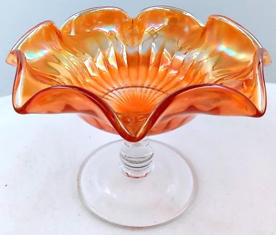 Fenton Marigold Carnival Glass Bowl Dish Clear Stem Ruffled Stippled Ray Rimmed - Image 1 of 4