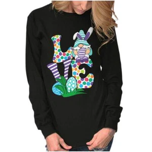 Cute Spring Easter Bunny Gnome Egg Hunt Love Long Sleeve T Shirt Tees For Women - Picture 1 of 7