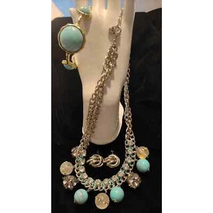 FASHION JEWELRY SET - LOFT 20" NECKLACE TURQUOISE COLORED BRACELET EARRINGS - Picture 1 of 7