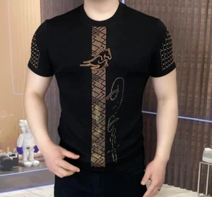 Nueva Camiseta Hombre Lujo Diamante Estrás Moda Negra Blanca Alta Calidad - Imagen 1 de 15